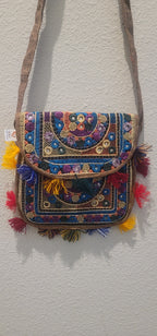 Traditional Artisan Embroidered Pouch with Colorful Tassels | Chic Accessory & Wall Hanging