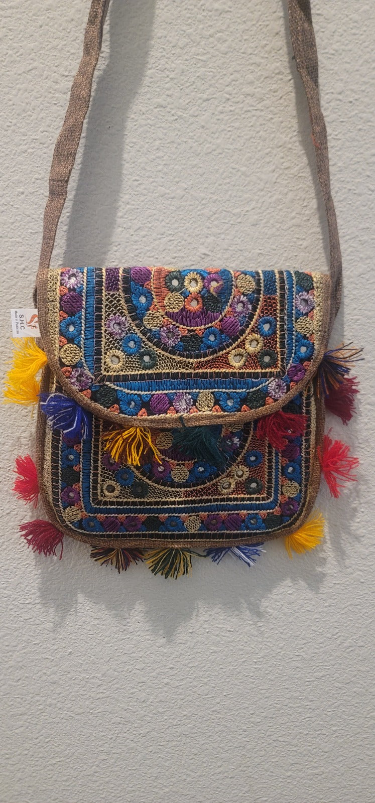 Traditional Artisan Embroidered Pouch with Colorful Tassels | Chic Accessory & Wall Hanging