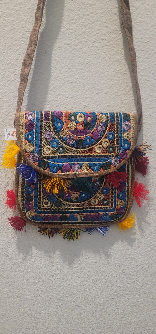 Traditional Artisan Embroidered Pouch with Colorful Tassels | Chic Accessory & Wall Hanging