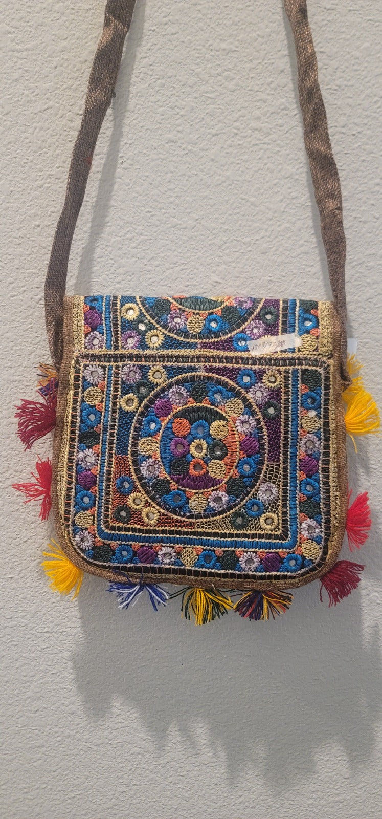Traditional Artisan Embroidered Pouch with Colorful Tassels | Chic Accessory & Wall Hanging
