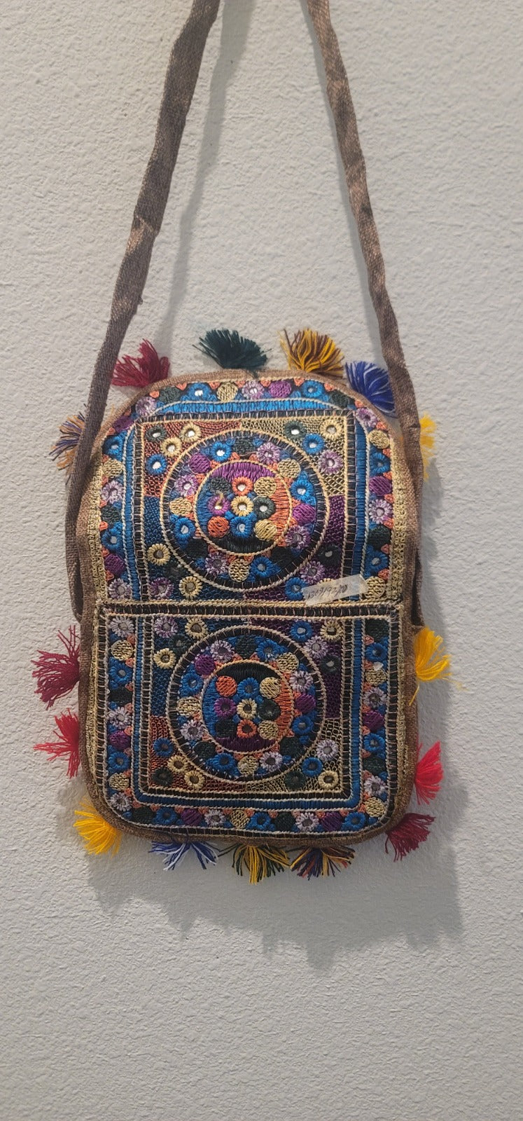 Traditional Artisan Embroidered Pouch with Colorful Tassels | Chic Accessory & Wall Hanging