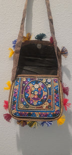 Traditional Artisan Embroidered Pouch with Colorful Tassels | Chic Accessory & Wall Hanging