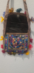 Traditional Artisan Embroidered Pouch with Colorful Tassels | Chic Accessory & Wall Hanging
