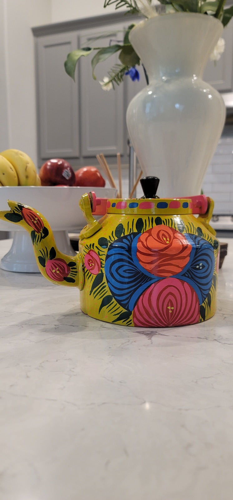Authentic Hand-Painted Pakistani-Style Floral Art Metal Kettle