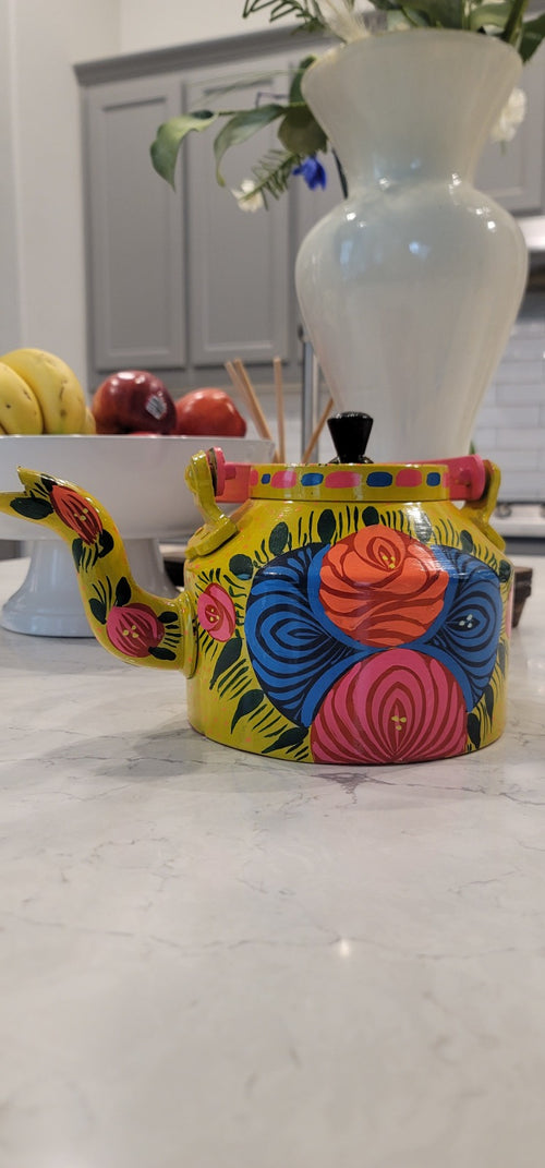 Authentic Hand-Painted Pakistani-Style Floral Art Metal Kettle