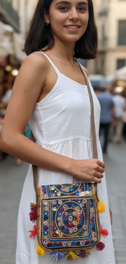 Traditional Artisan Embroidered Pouch with Colorful Tassels | Chic Accessory & Wall Hanging